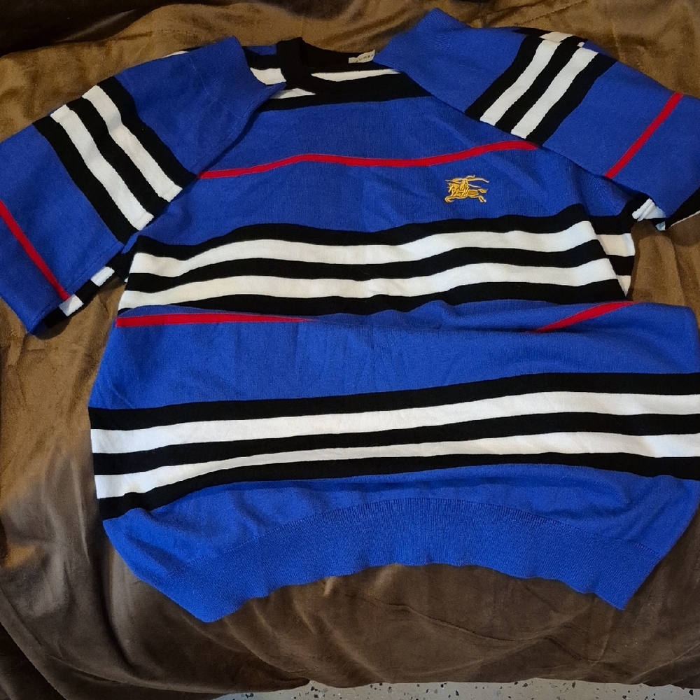 Blue Striped Burberry Sweater with Embroidered Logo